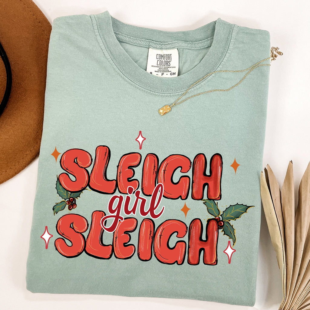 Sleigh Girl Sleigh Christmas Holly Retro Santa Xmas Seasonal Graphic Ornament Comfort Colors Tee