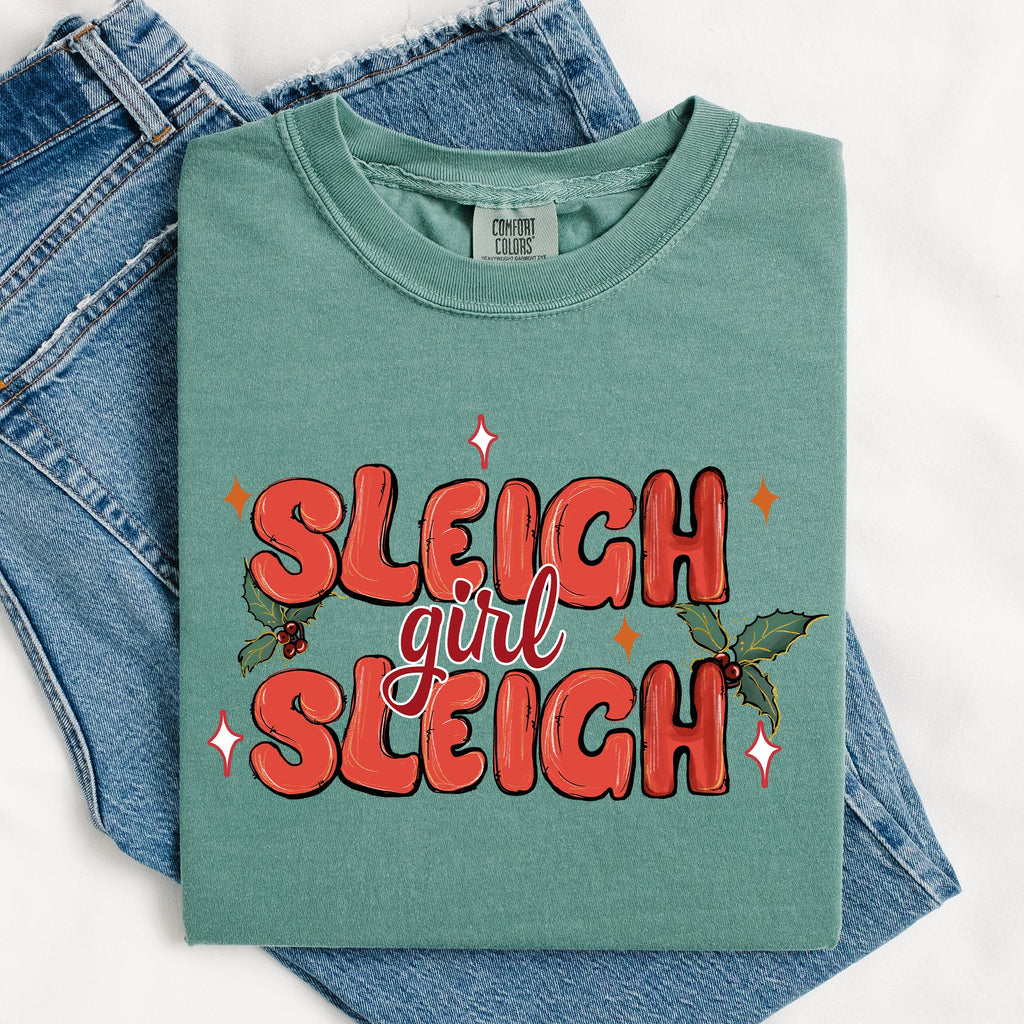 Sleigh Girl Sleigh Christmas Holly Retro Santa Xmas Seasonal Graphic Ornament Comfort Colors Tee