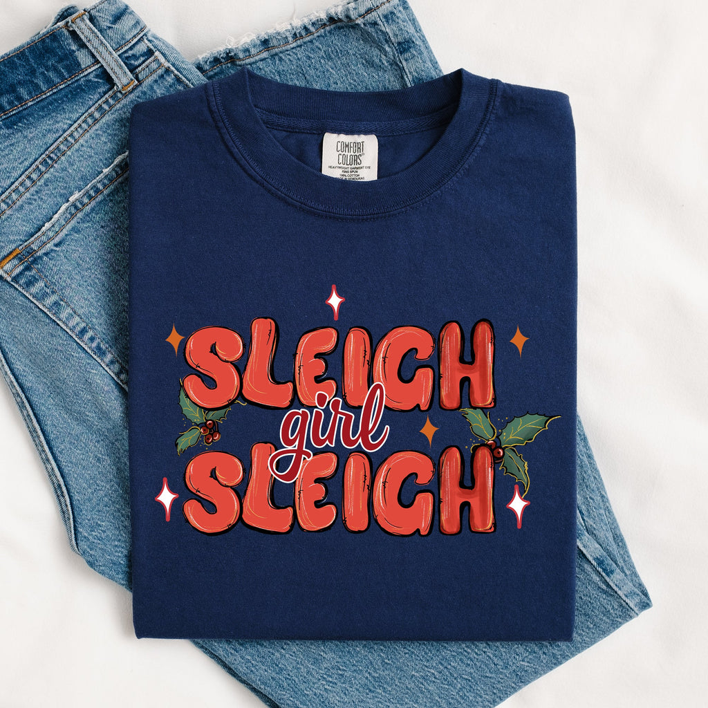 Sleigh Girl Sleigh Christmas Holly Retro Santa Xmas Seasonal Graphic Ornament Comfort Colors Tee