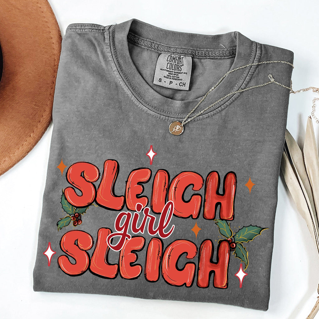 Sleigh Girl Sleigh Christmas Holly Retro Santa Xmas Seasonal Graphic Ornament Comfort Colors Tee