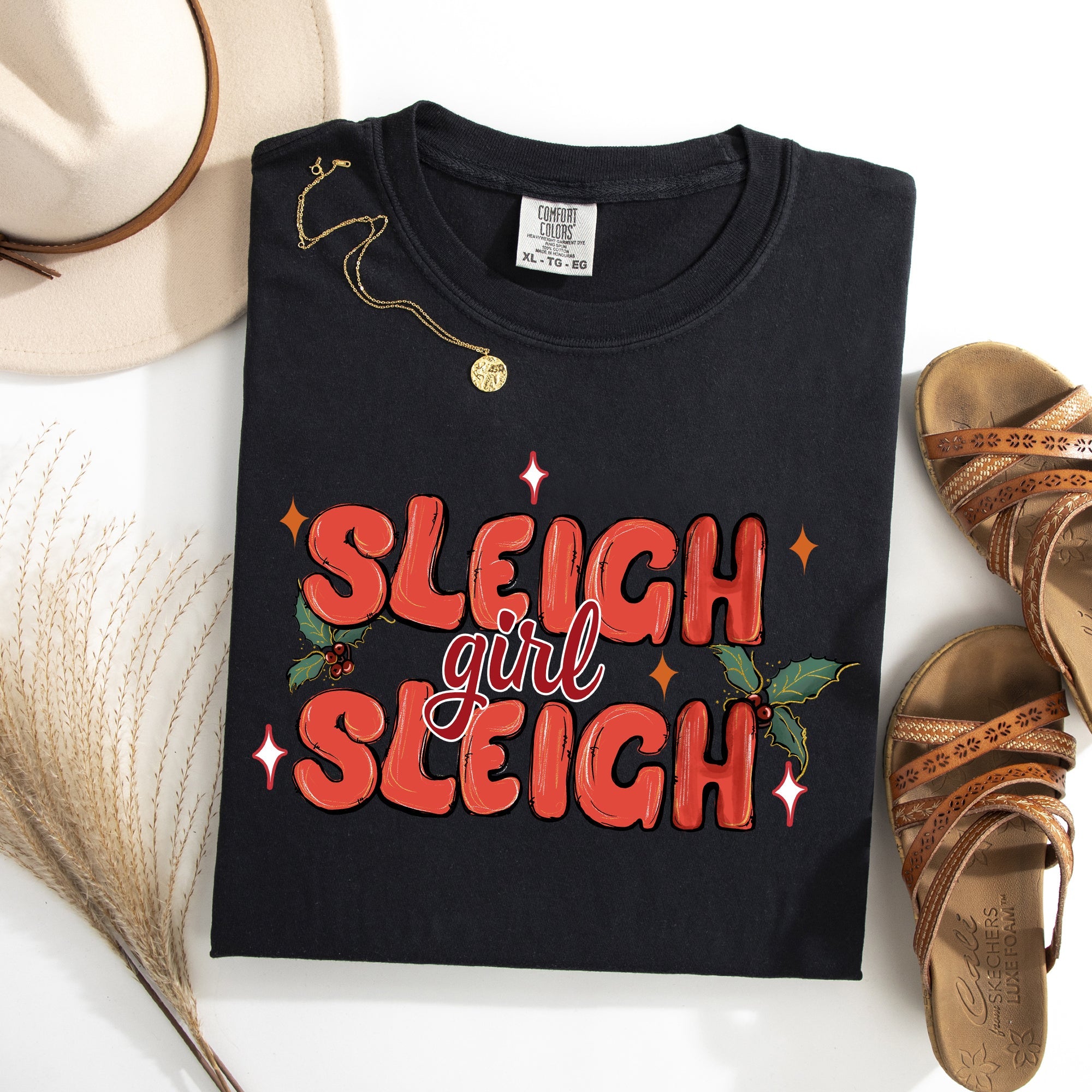 Sleigh Girl Sleigh Christmas Holly Retro Santa Xmas Seasonal Graphic Ornament Comfort Colors Tee