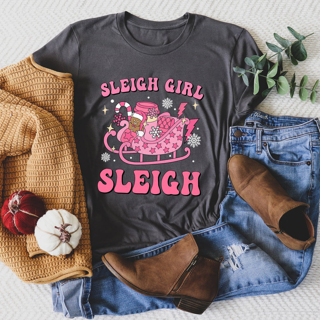 Sleigh Girl Sleigh Christmas Retro Vintage Snow Scene Cozy Nostalgia Festive Cheer Across Winter Night Graphic Tee