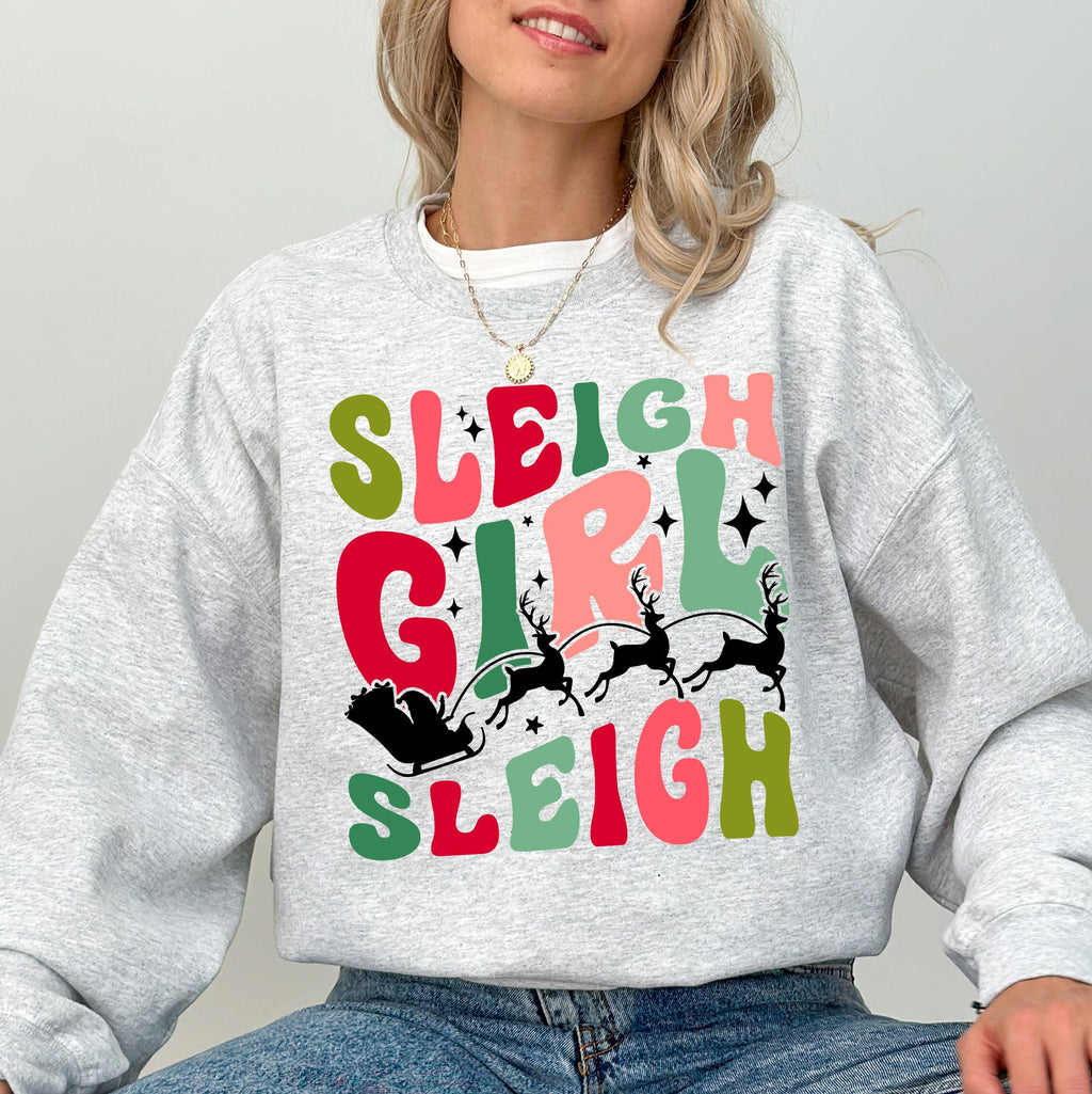 Sleigh Girl Sleigh Santa Christmas Reindeer Winter Xmas Cozy Fleece Holiday Print Sweatshirt