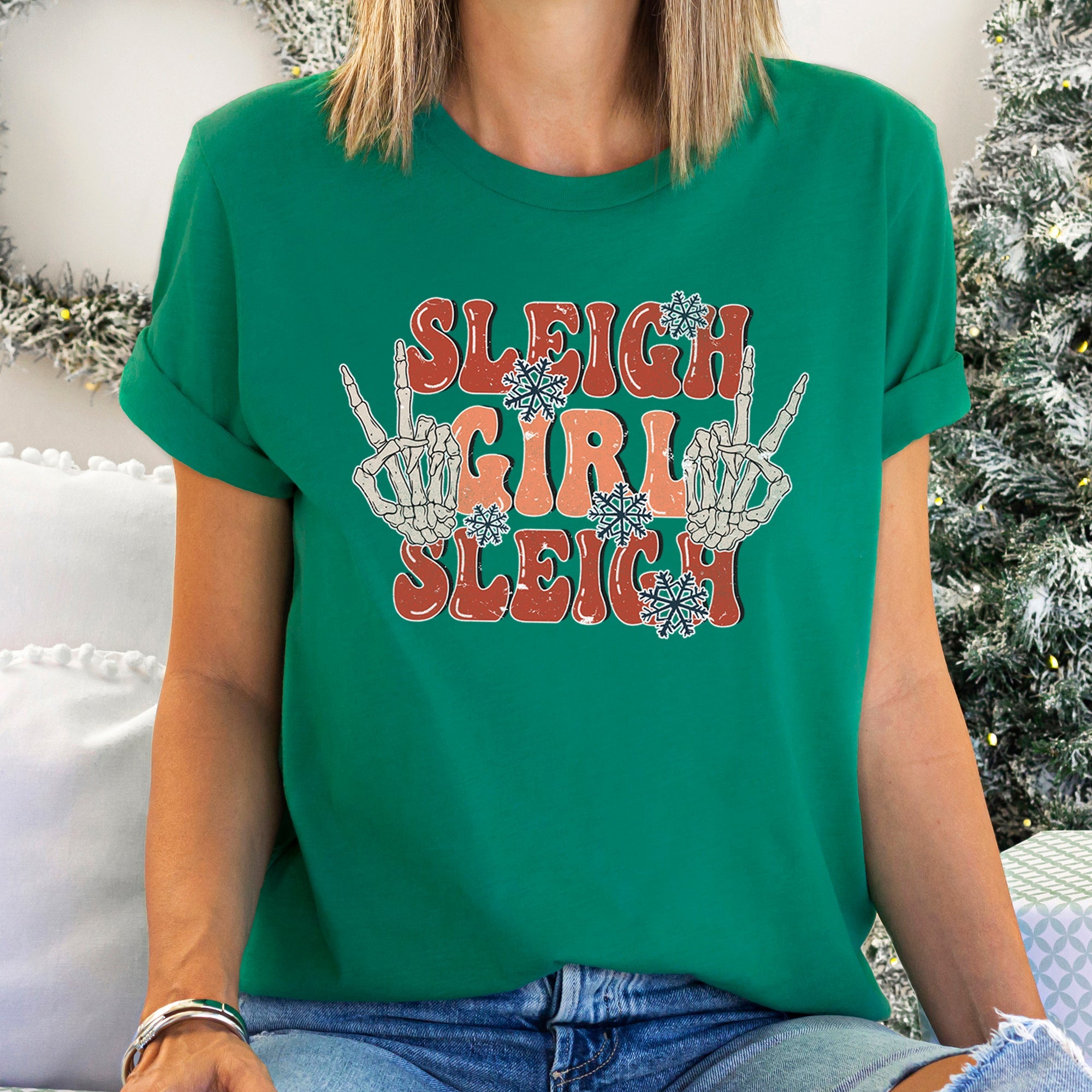 Sleigh Girl Sleigh Skeleton Christmas Retro Festive Vintage Inspired Graphic Tee