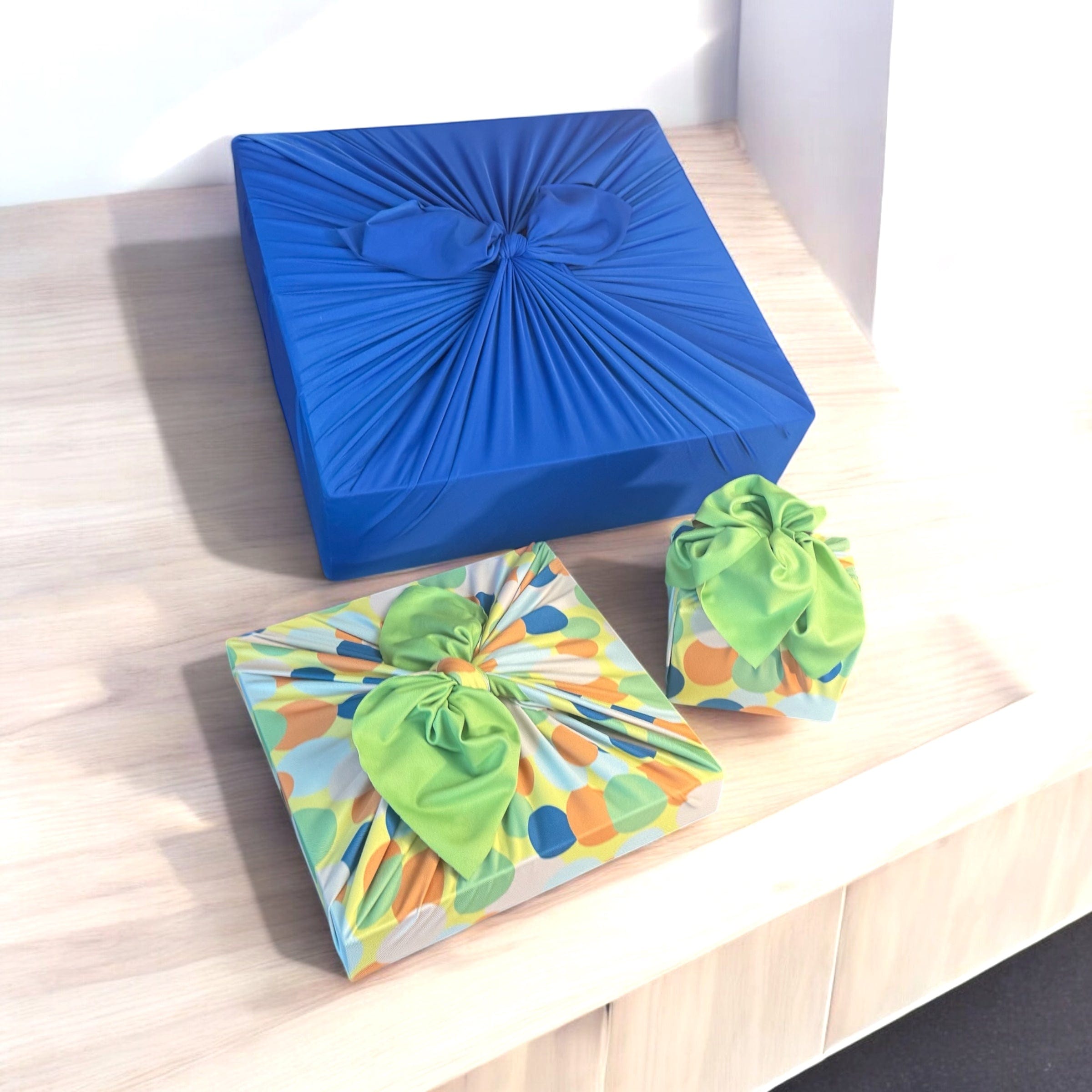 Set of 3 (S, L, XL) Reusable Cloth Furoshiki Gift Wrap | Polka Dot & Deep Blue