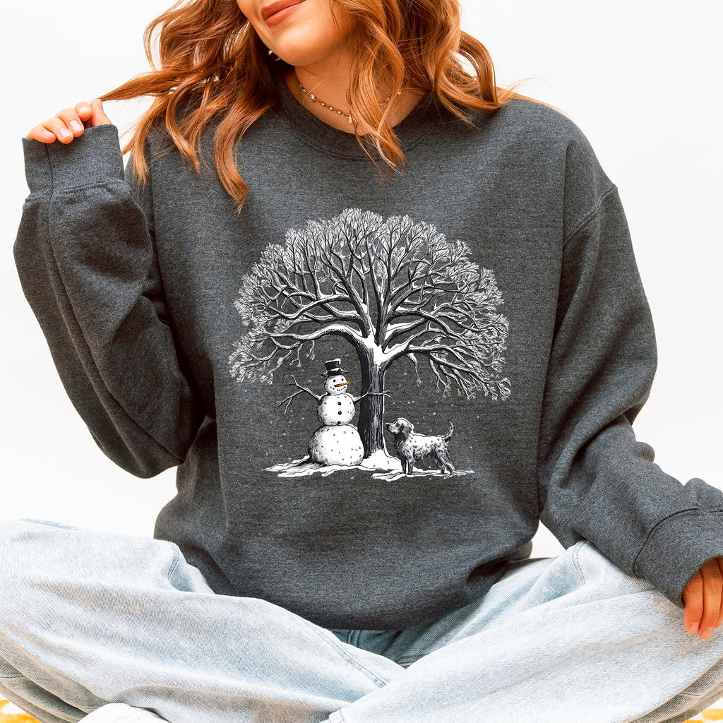 Snowman Dog Christmas Holiday Scene Retro Snowflake Pet Portrait Graphic Sweatshirt