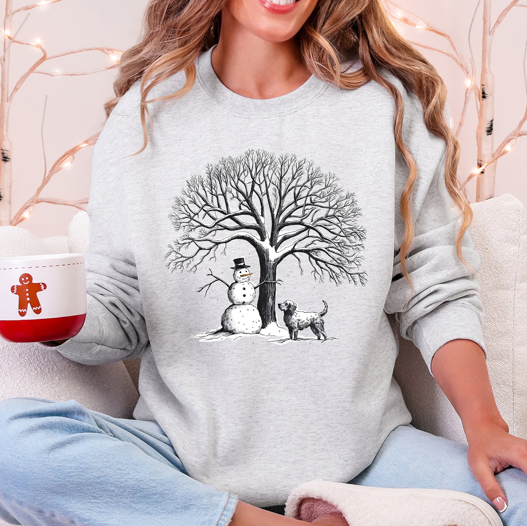 Snowman Dog Christmas Holiday Scene Retro Snowflake Pet Portrait Graphic Sweatshirt