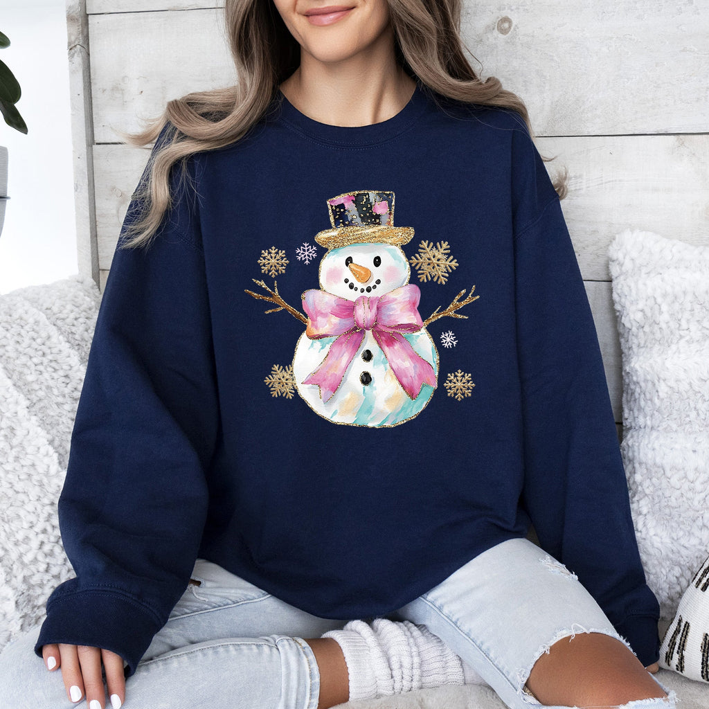 Snowman Christmas Snow Bow Ribbon Festive Holiday Print With Cheery Ribbon Accents Sweatshirt