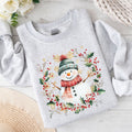 Festive Decorative Snowman Wreath Holiday Botanical Holly Santa Scene Graphic Sweatshirt