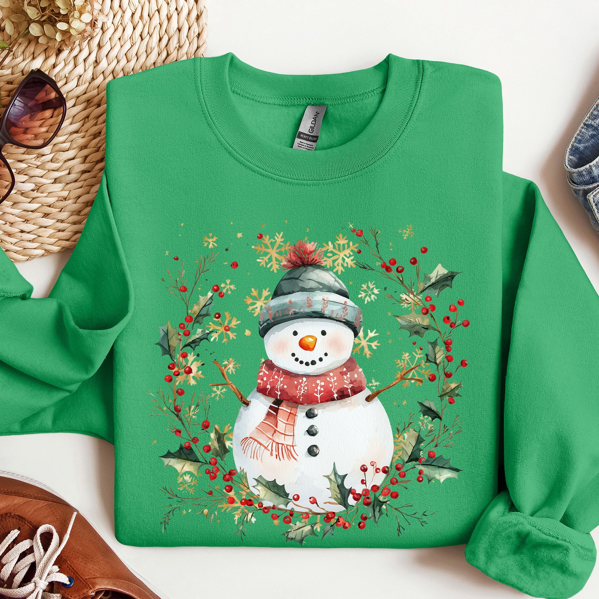 Festive Decorative Snowman Wreath Holiday Botanical Holly Santa Scene Graphic Sweatshirt