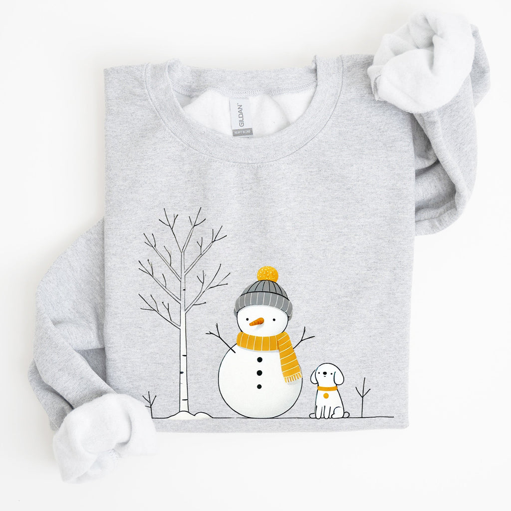 Snowman And Dog Winter Scene With Christmas Tree And Snowflake Accents Graphic Sweatshirt