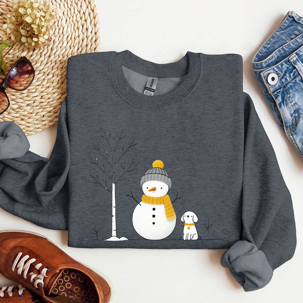 Snowman And Dog Winter Scene With Christmas Tree And Snowflake Accents Graphic Sweatshirt