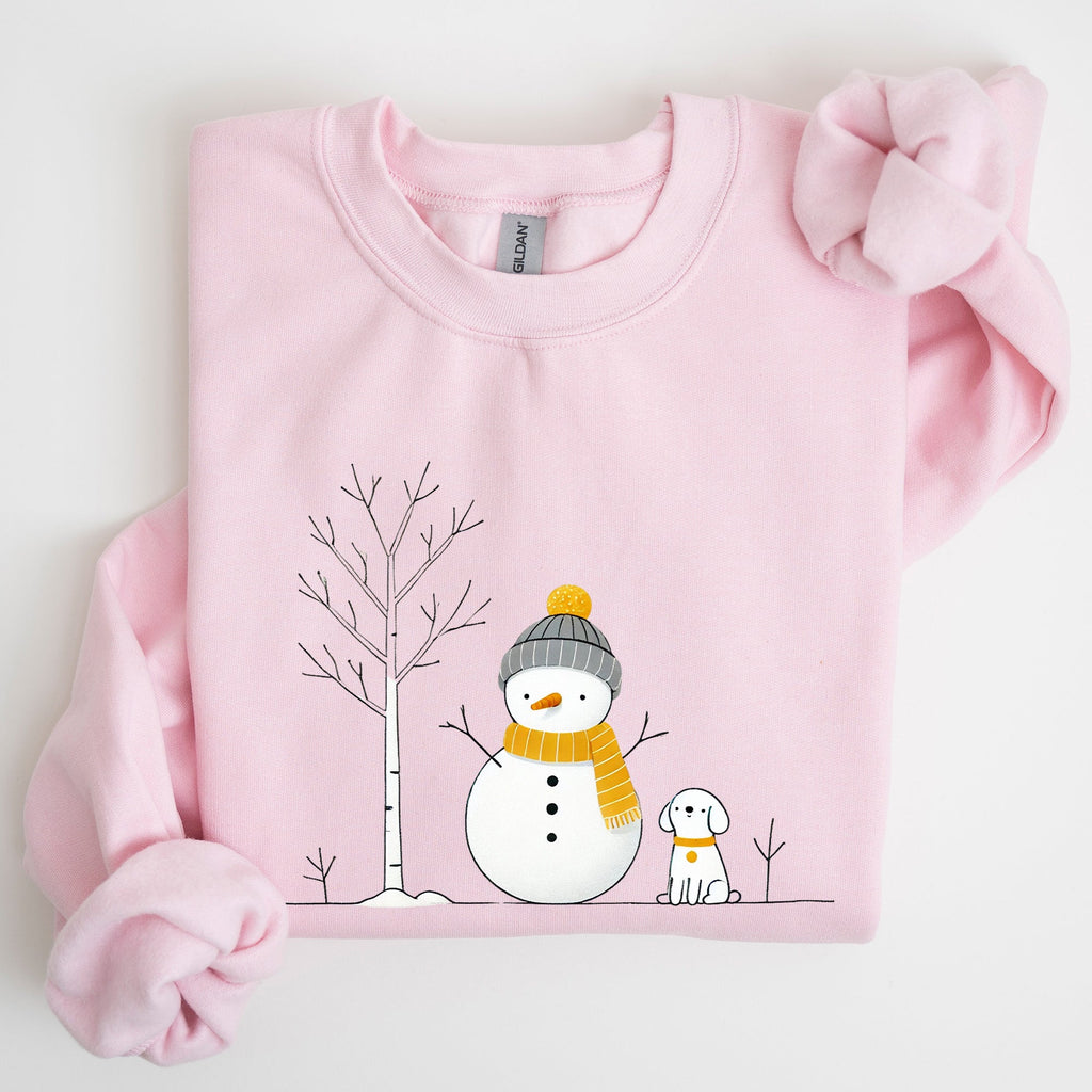 Snowman And Dog Winter Scene With Christmas Tree And Snowflake Accents Graphic Sweatshirt