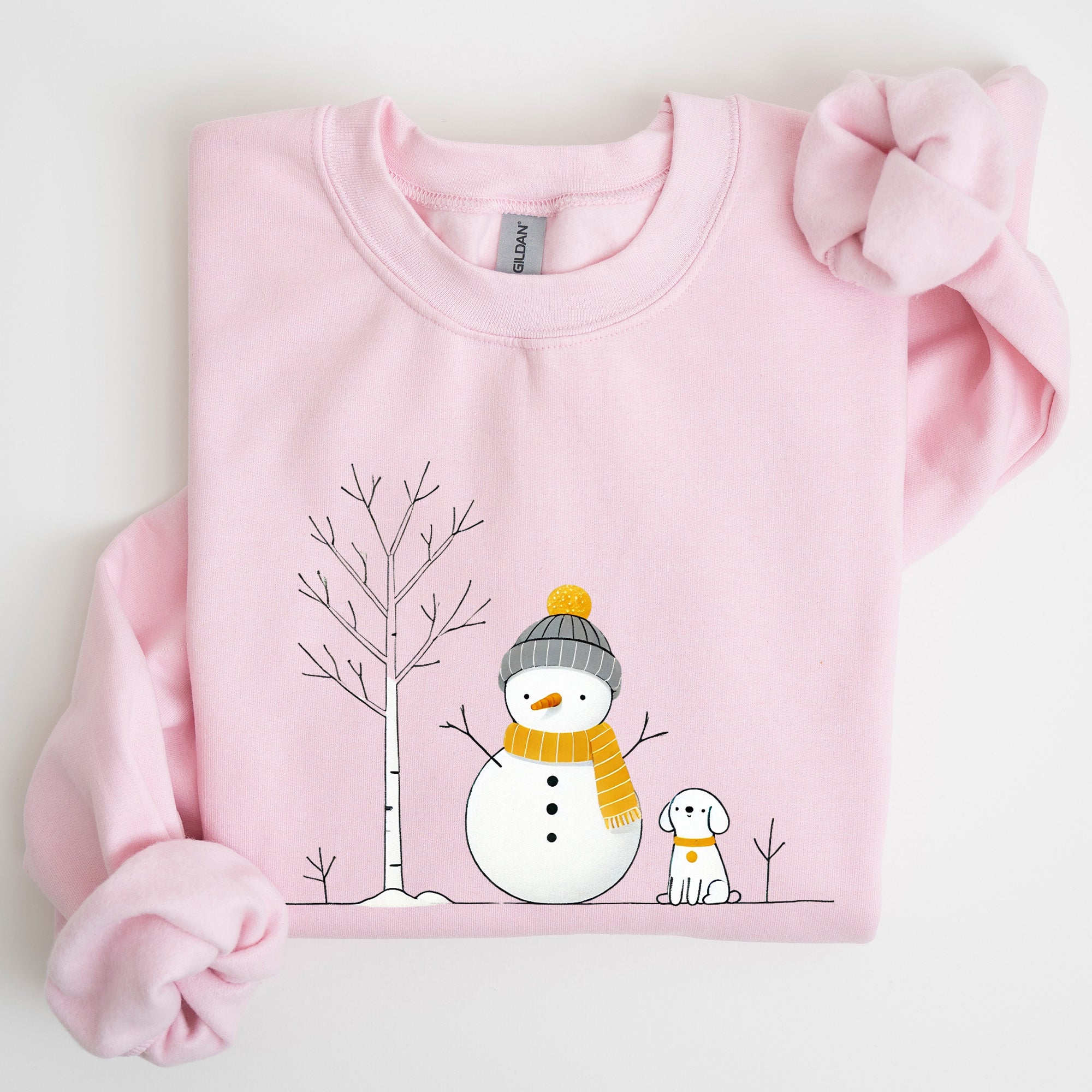 Snowman And Dog Winter Scene With Christmas Tree And Snowflake Accents Graphic Sweatshirt