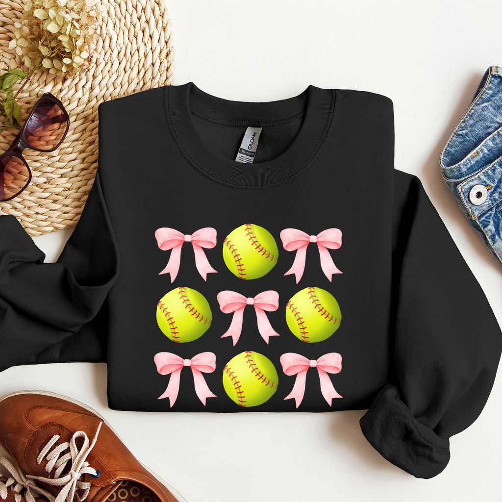 Softball Pink Bows Sports Coquette Vintage Inspired Soft Touch Cozy Fleece Sweatshirt