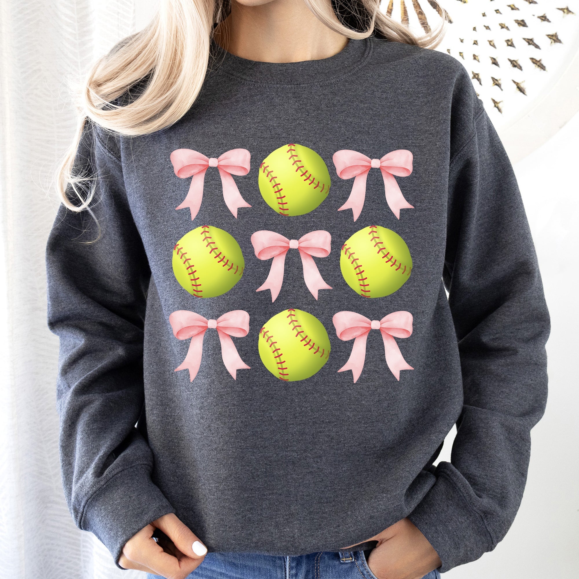 Softball Pink Bows Sports Coquette Vintage Inspired Soft Touch Cozy Fleece Sweatshirt