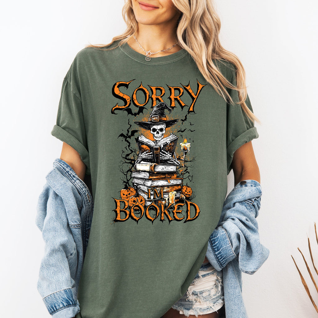 Sorry I'm Booked Skeleton Halloween Library Reading Edition Exclusive Comfort Colors Tee