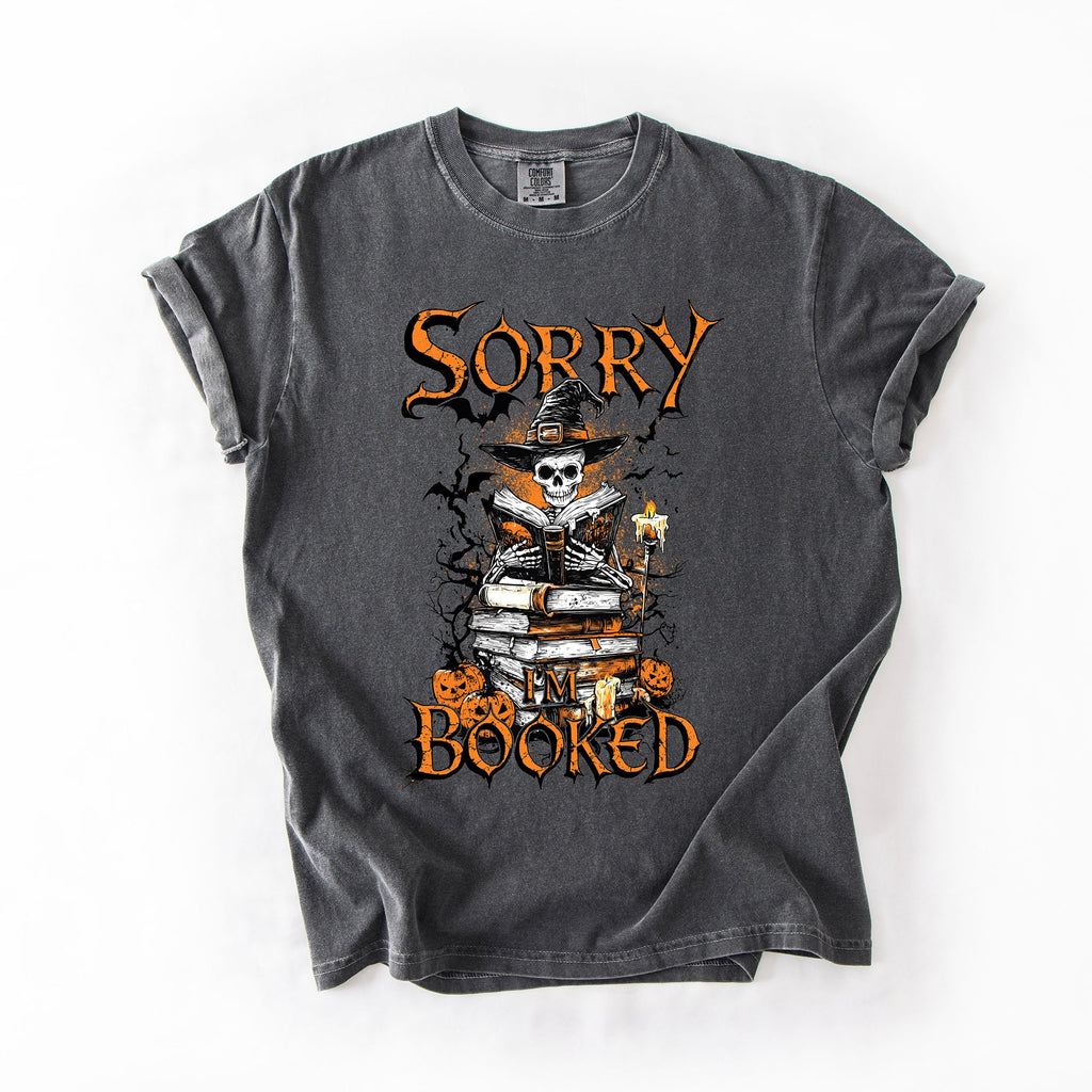Sorry I'm Booked Skeleton Halloween Library Reading Edition Exclusive Comfort Colors Tee