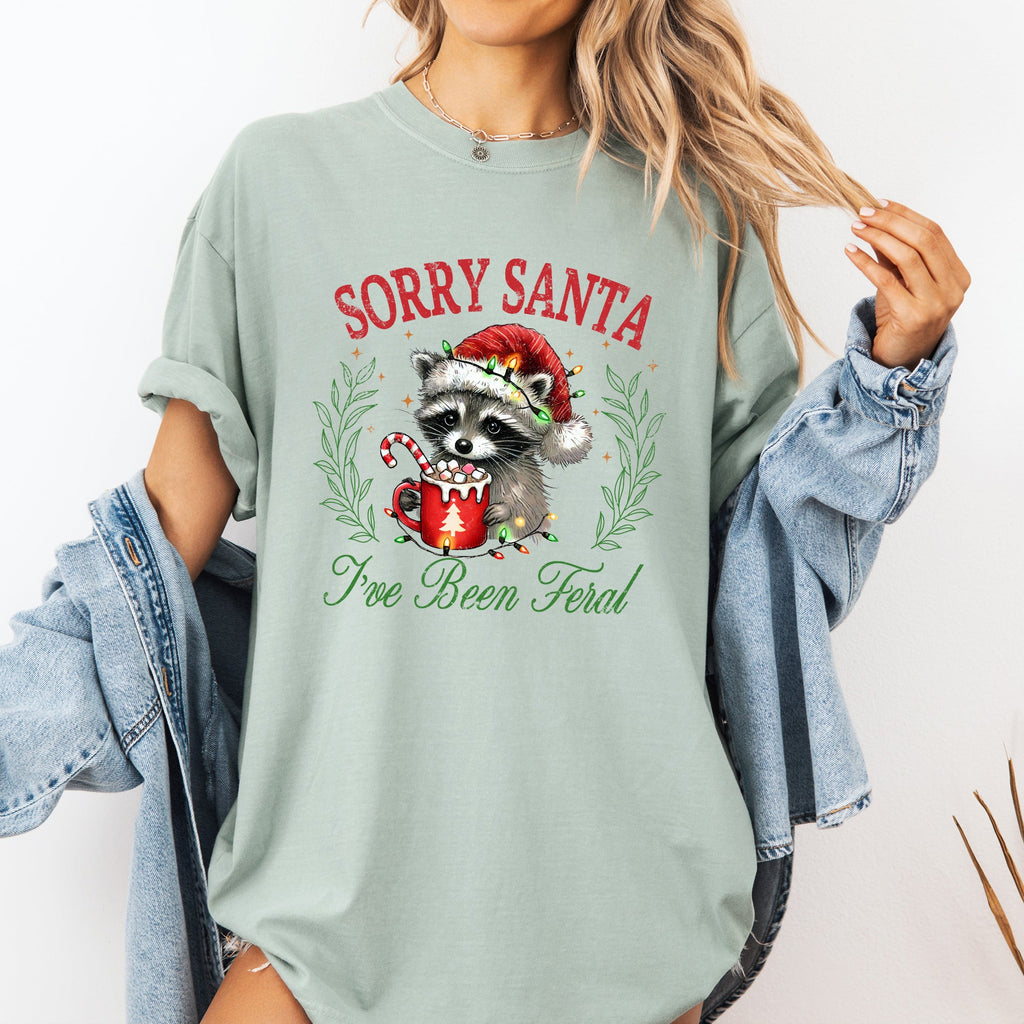 Sorry Santa, I've Been Feral Raccoon Hot Chocolate Christmas Design Comfort Colors Tee