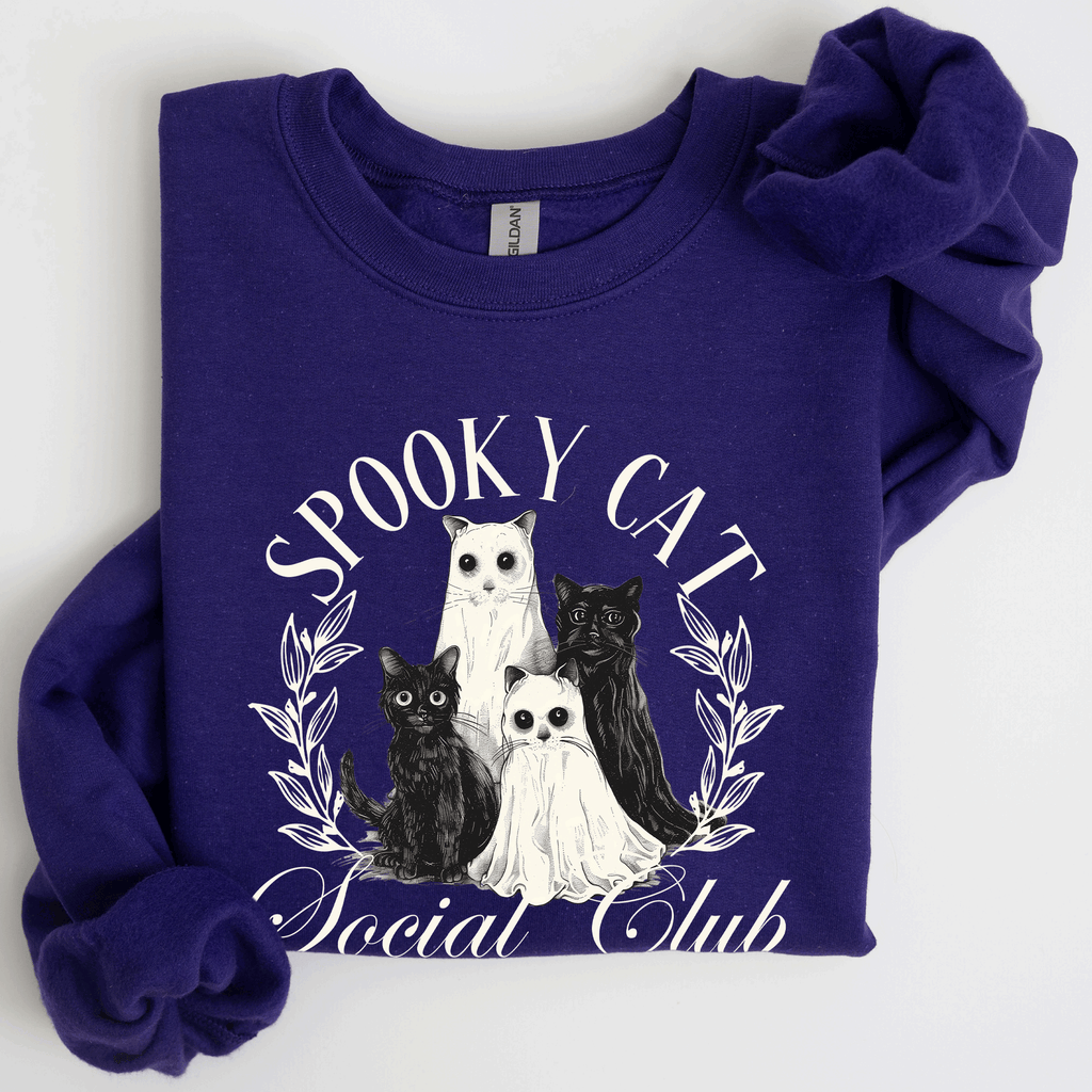 Spooky Cat Social Club Halloween Ghosts Witch Cozy Fleece Printed Graphic Premium Comfort Edition Sweatshirt