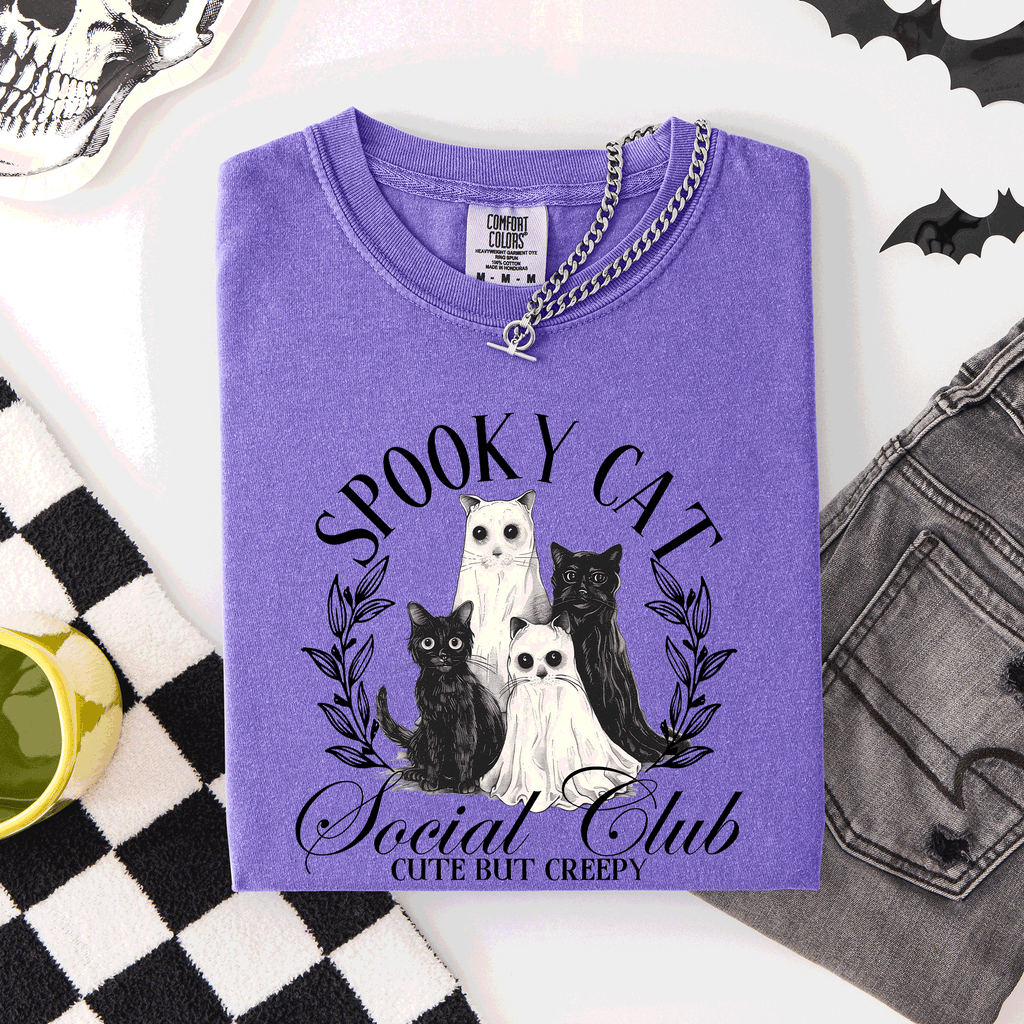 Spooky Cat Social Club Halloween Ghosts Witch Limited Edition Comfort Colors Tee
