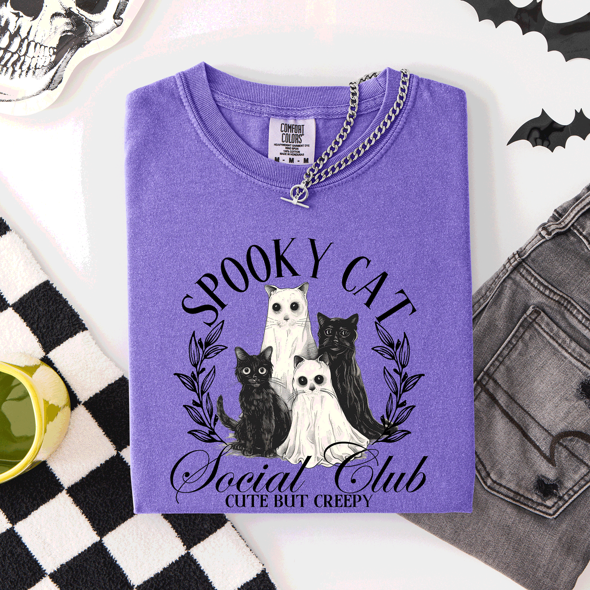 Spooky Cat Social Club Halloween Ghosts Witch Limited Edition Comfort Colors Tee
