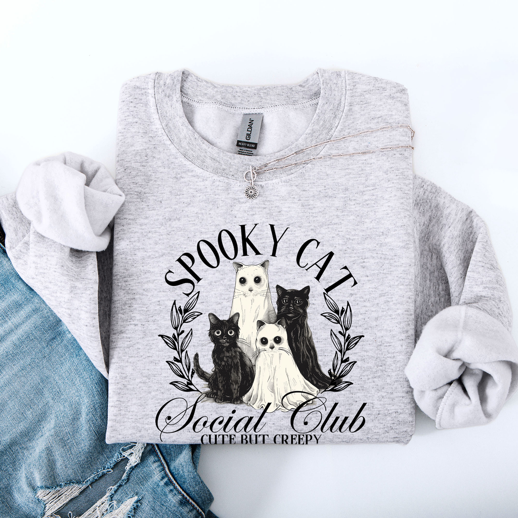 Spooky Cat Social Club Halloween Ghosts Witch Cozy Fleece Printed Graphic Premium Comfort Edition Sweatshirt