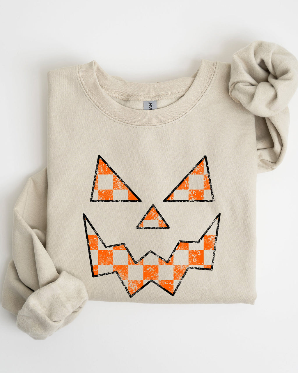 Spooky Jack-O-Lantern Retro Halloween Pumpkin Checkered Graphic Cozy Seasonal Sweatshirt
