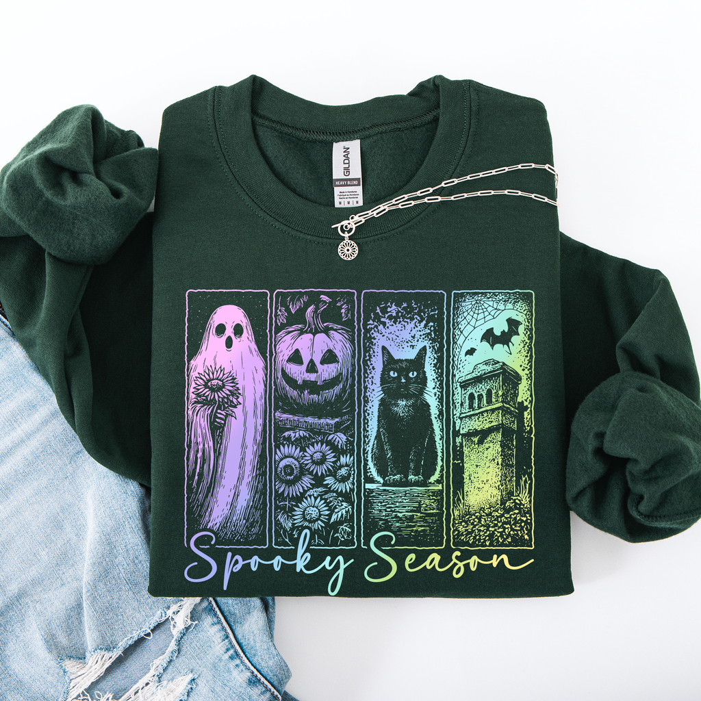 Spooky Season Graphic Sweatshirt With Retro Halloween Pastel Ghost Design And Faux Denim Accent