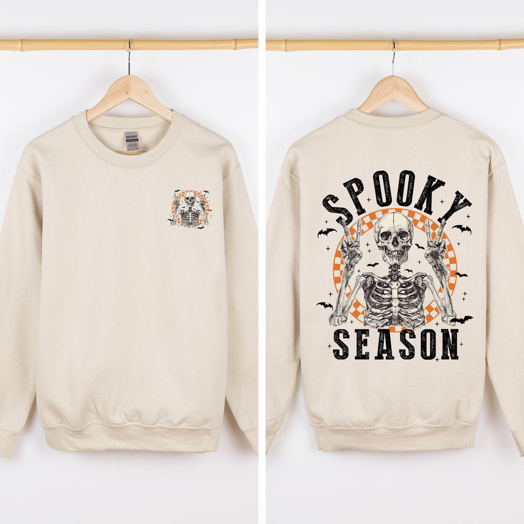 Spooky Season Front And Back Skeleton Halloween Graphic Design For Autumn Nights Sweatshirt