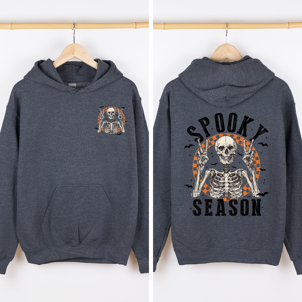 Spooky Season Front And Back Skeleton With Ghosts And Witch Motifs Halloween Themed Hoodie
