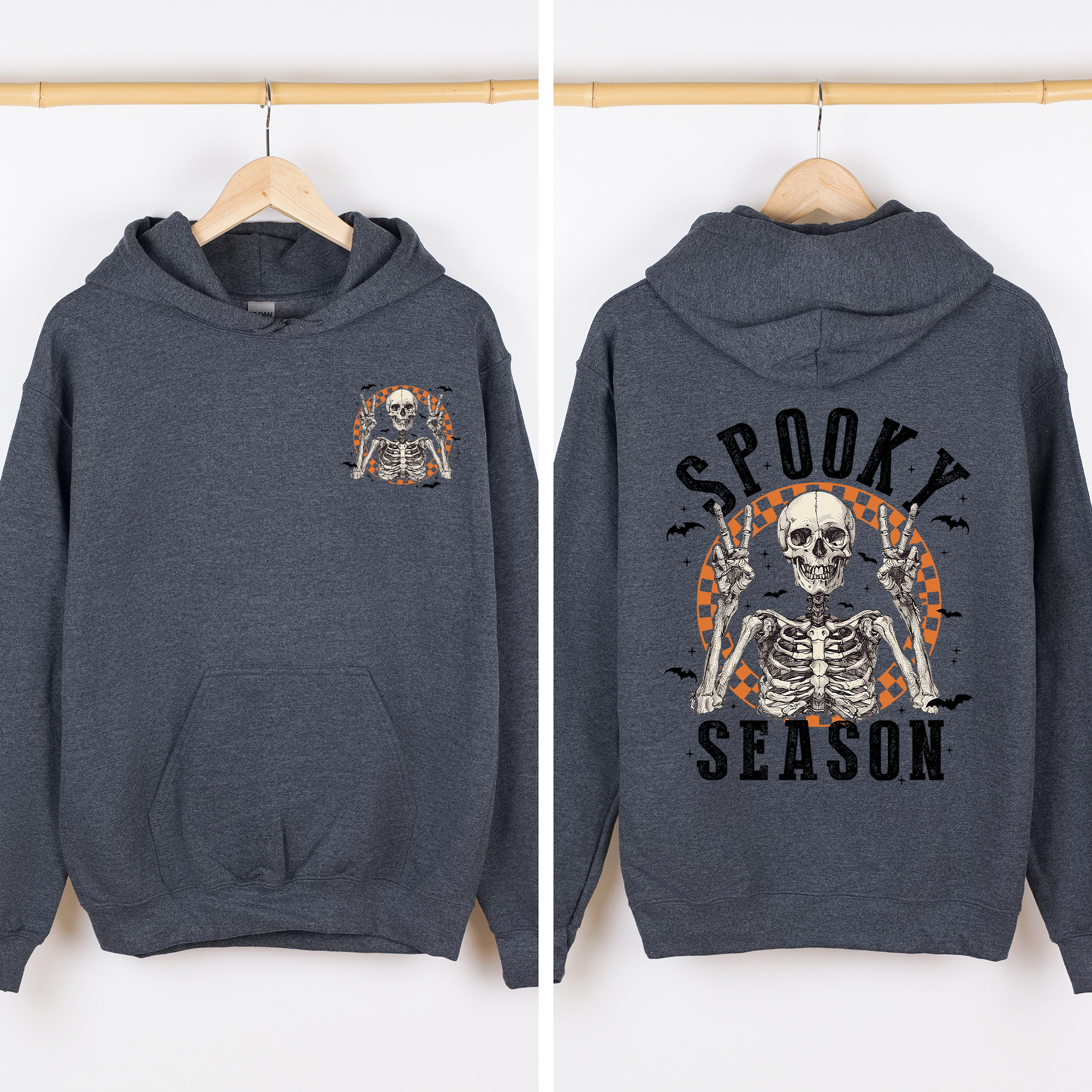 Spooky Season Front And Back Skeleton With Ghosts And Witch Motifs Halloween Themed Hoodie