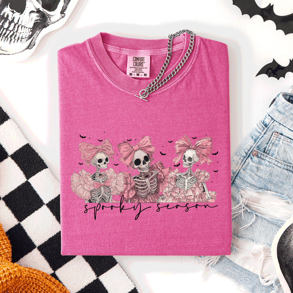 Spooky Season Skeletons Coquette Ribbon Bows Halloween Graphic Comfort Colors Tee