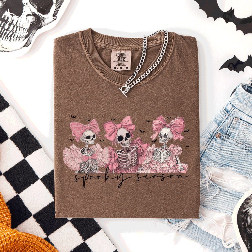 Spooky Season Skeletons Coquette Ribbon Bows Halloween Graphic Comfort Colors Tee