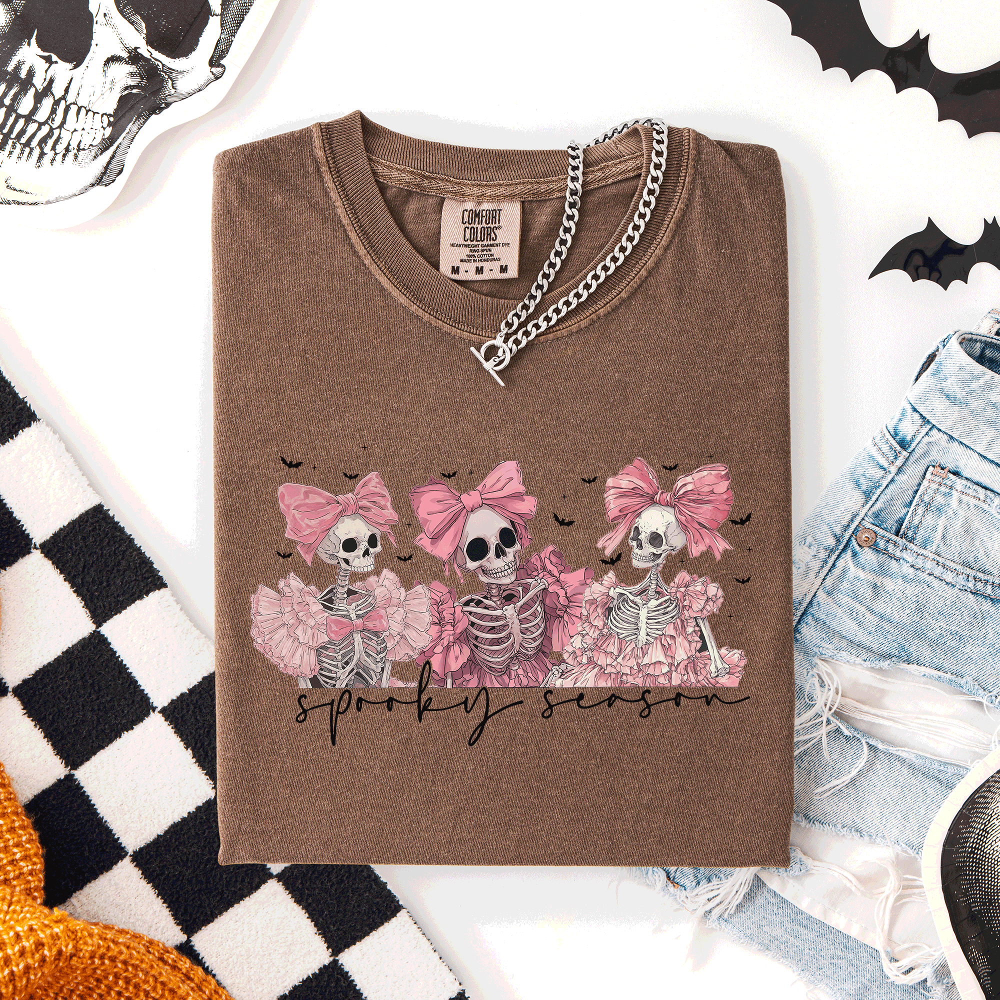 Spooky Season Skeletons Coquette Ribbon Bows Halloween Graphic Comfort Colors Tee