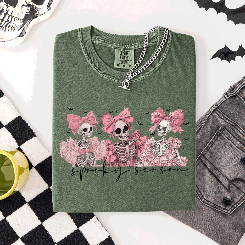 Spooky Season Skeletons Coquette Ribbon Bows Halloween Graphic Comfort Colors Tee