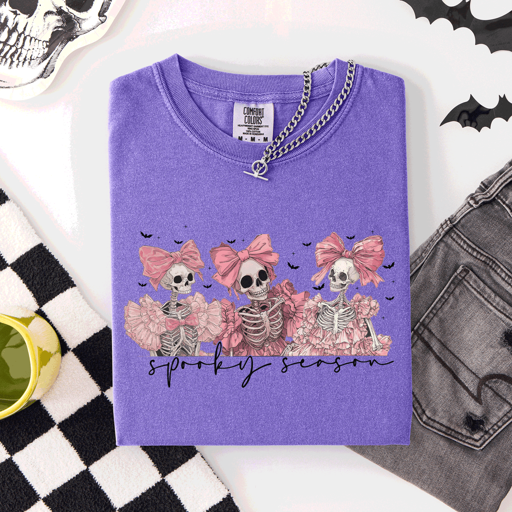 Spooky Season Skeletons Coquette Ribbon Bows Halloween Graphic Comfort Colors Tee