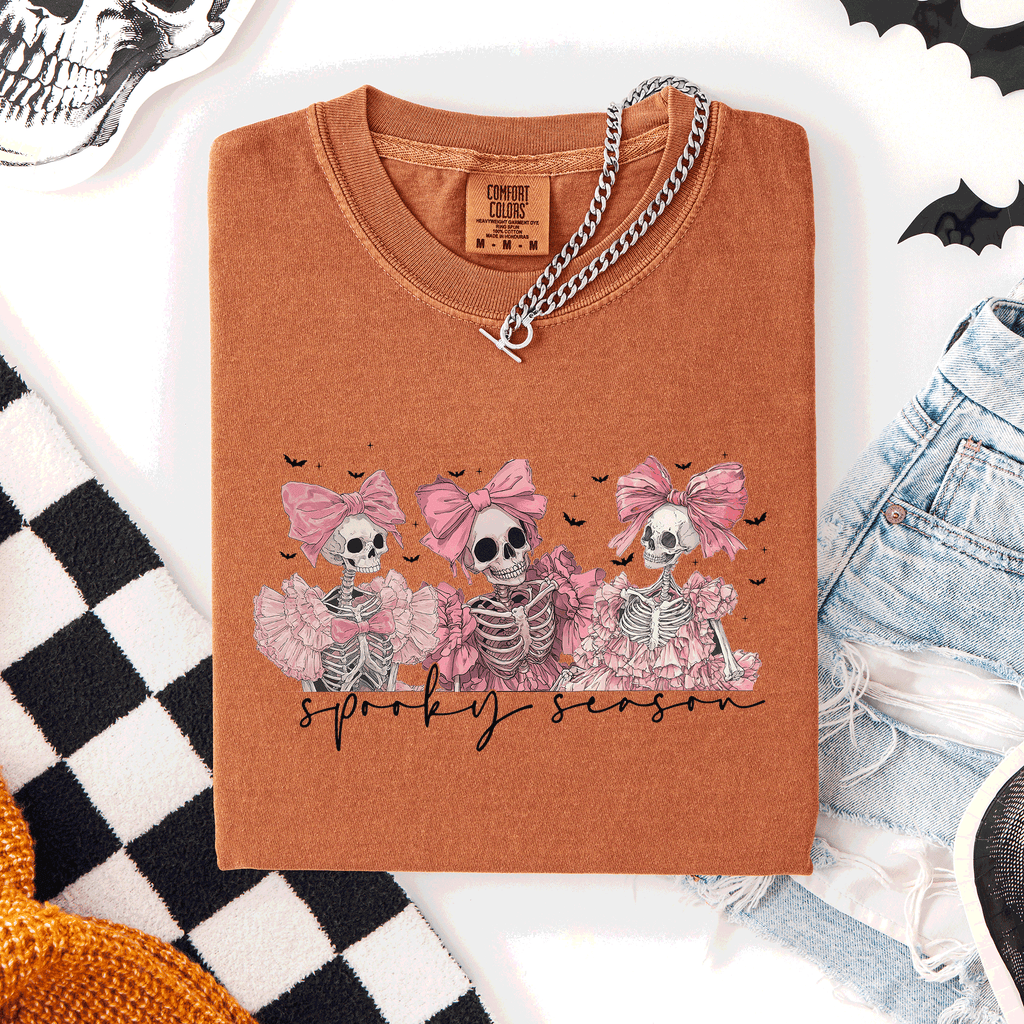 Spooky Season Skeletons Coquette Ribbon Bows Halloween Graphic Comfort Colors Tee