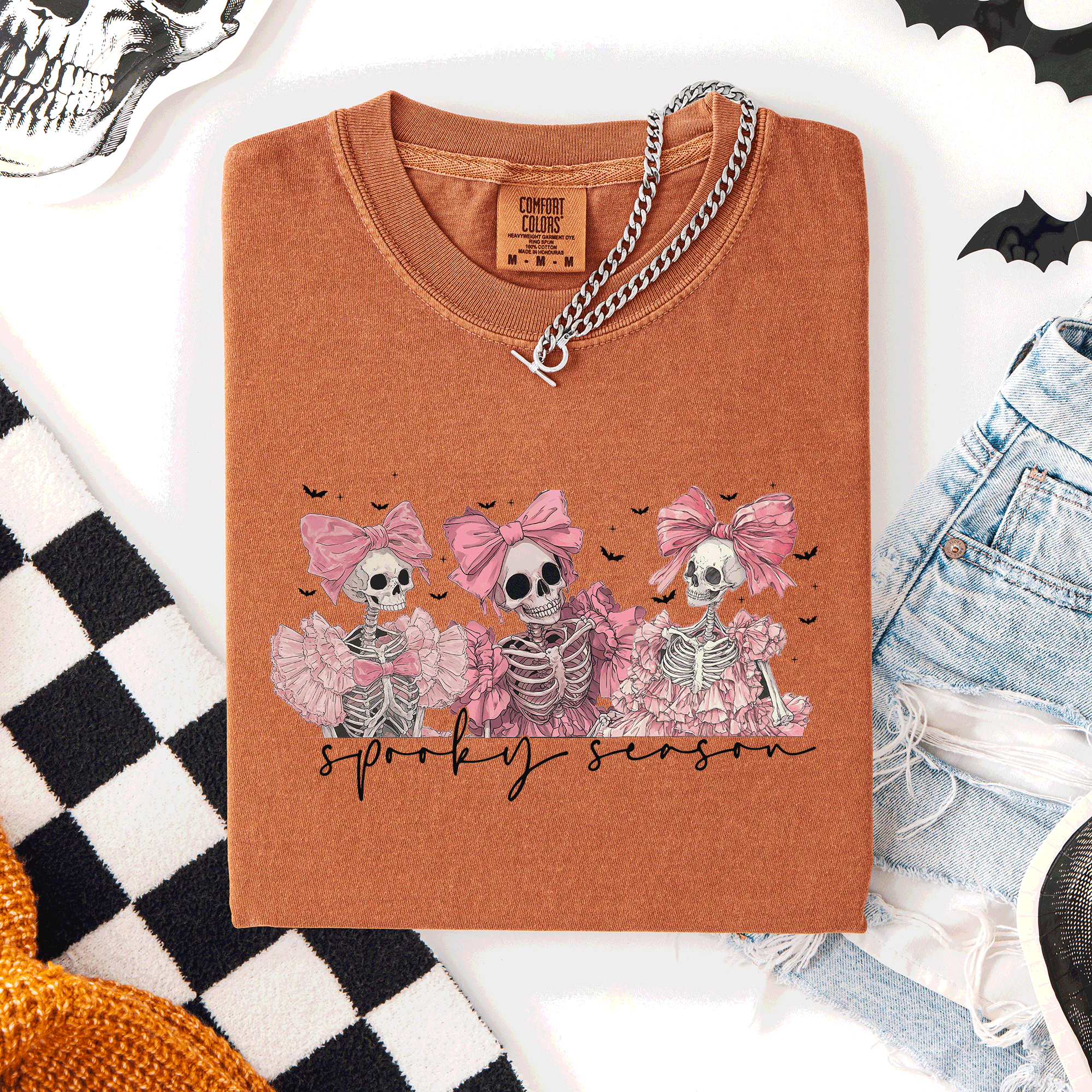 Spooky Season Skeletons Coquette Ribbon Bows Halloween Graphic Comfort Colors Tee