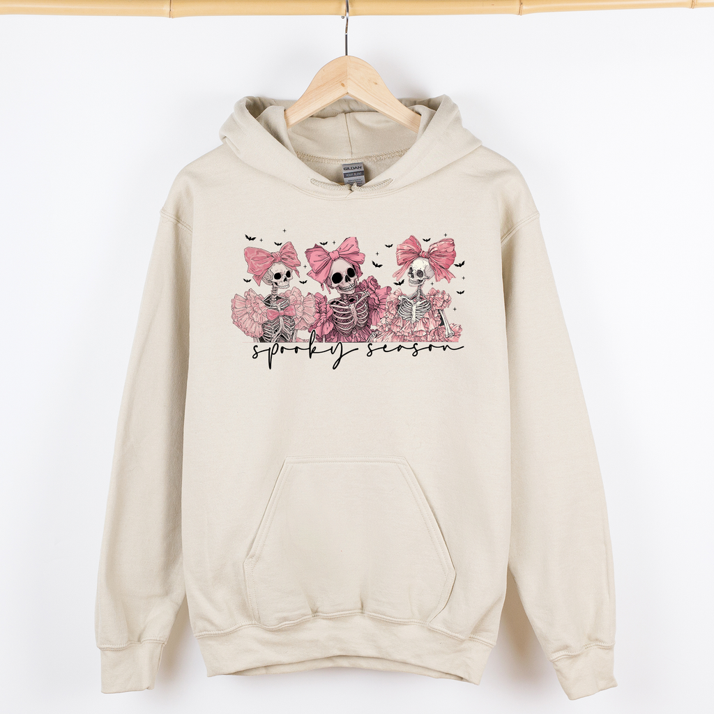Spooky Season Pink Skeletons Cute Coquette Ribbon Bows Halloween Graphic Hooded Sweatshirt