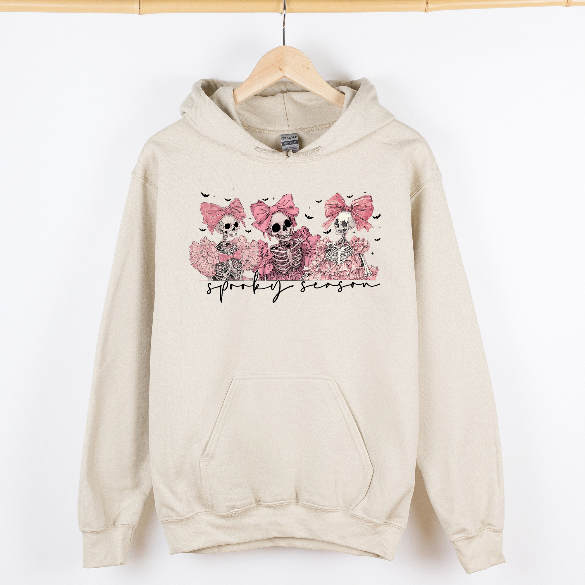 Spooky Season Pink Skeletons Cute Coquette Ribbon Bows Halloween Graphic Hooded Sweatshirt