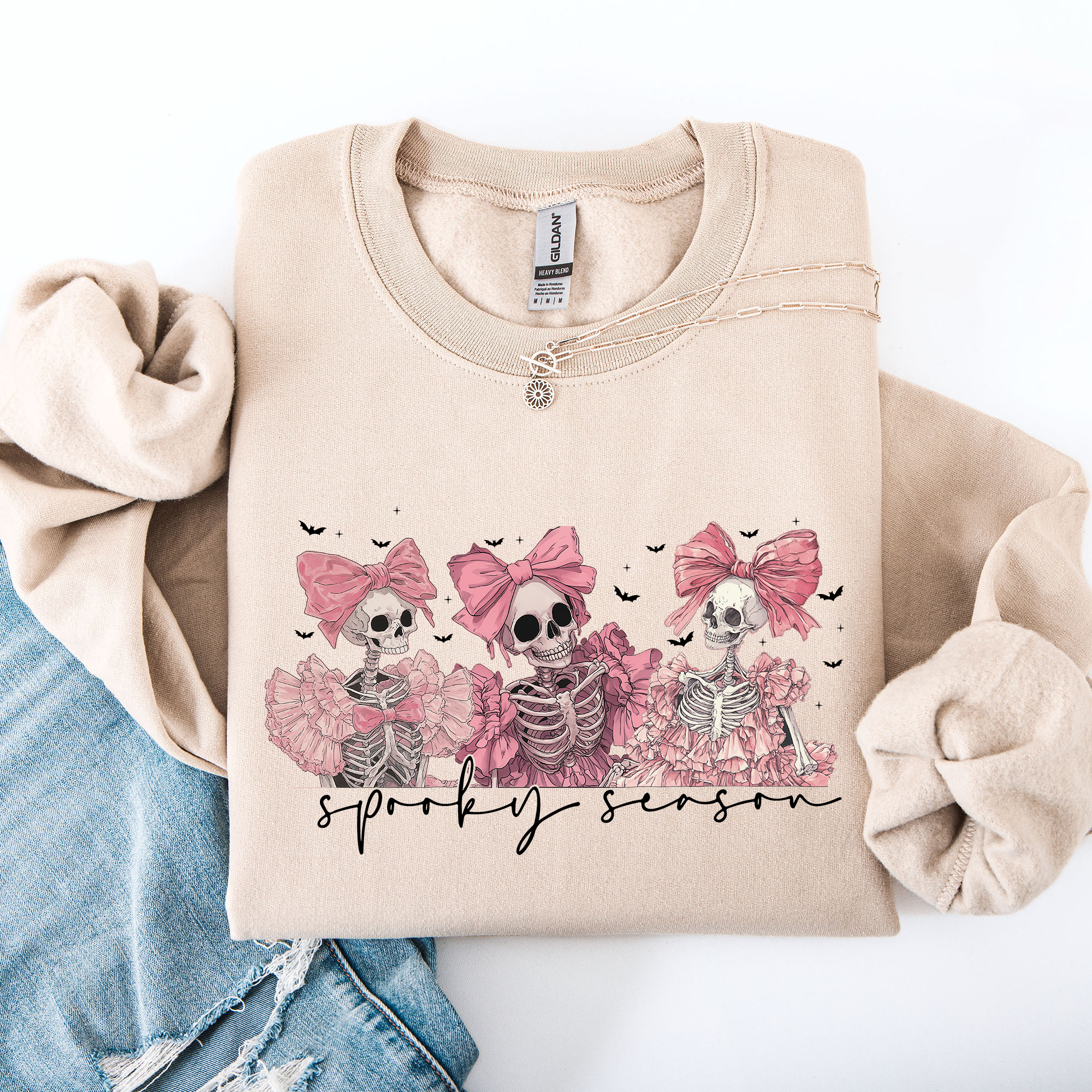 Spooky Season Pink Skeletons Coquette Ribbon Bows Halloween Gothic Whimsy Sweatshirt