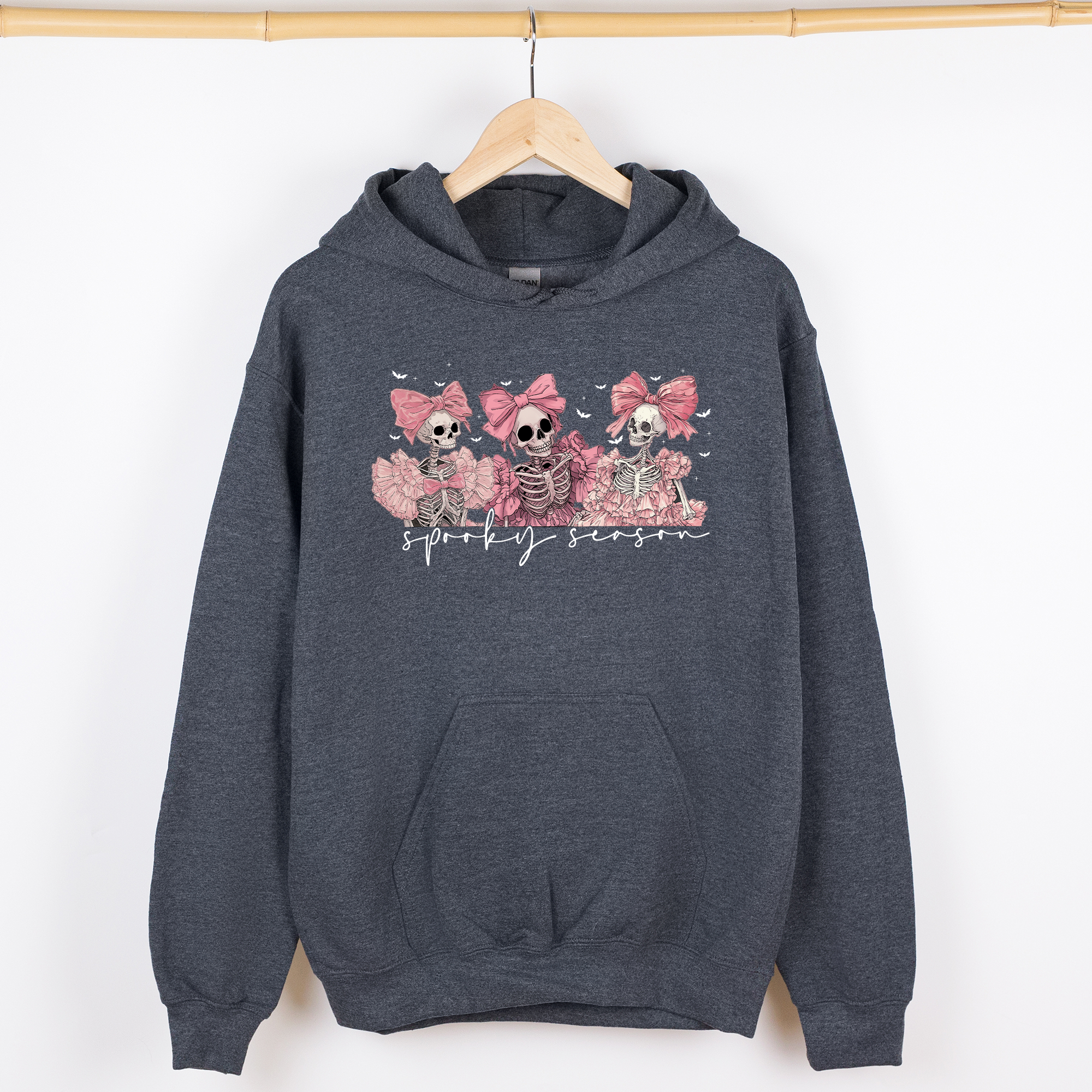 Spooky Season Pink Skeletons Cute Coquette Ribbon Bows Halloween Graphic Hooded Sweatshirt