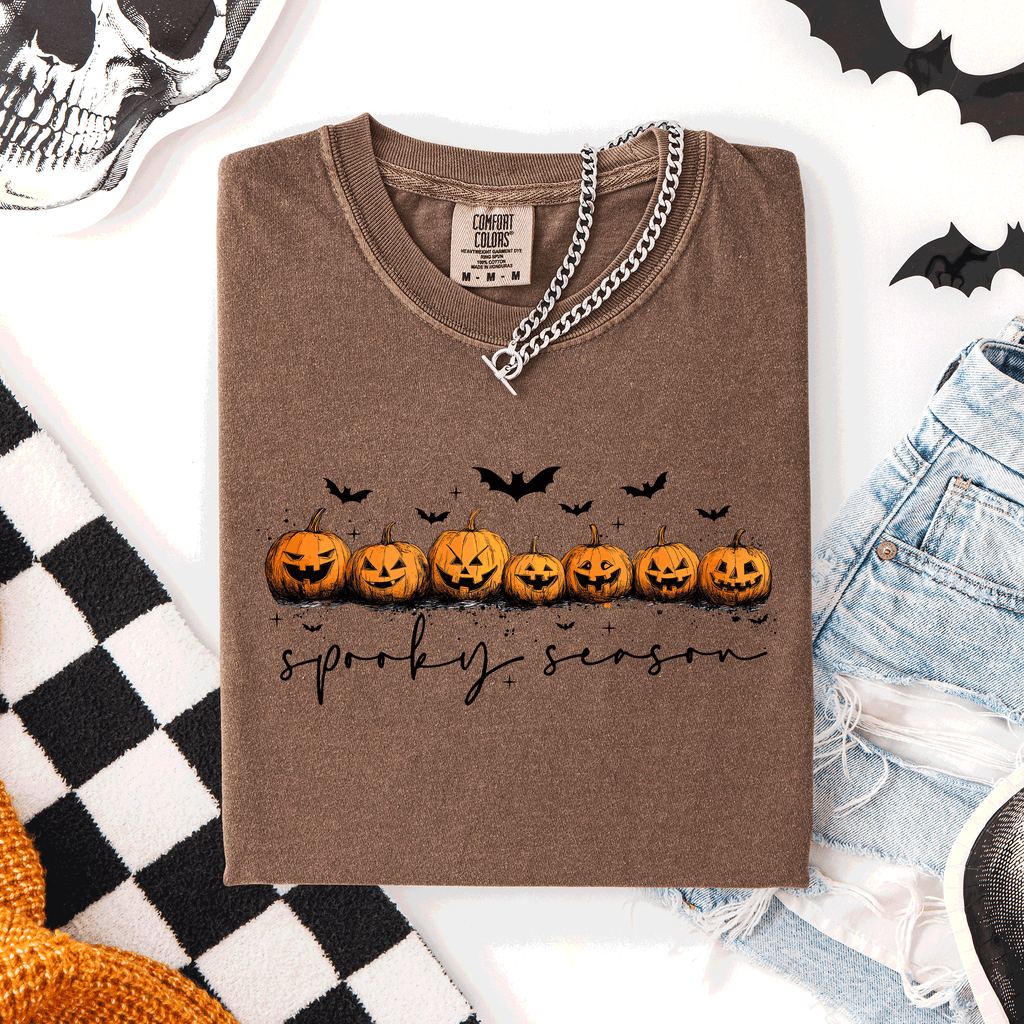 Spooky Season Pumpkins Halloween Pink Skeletons With Bow Adornments Comfort Colors Tee