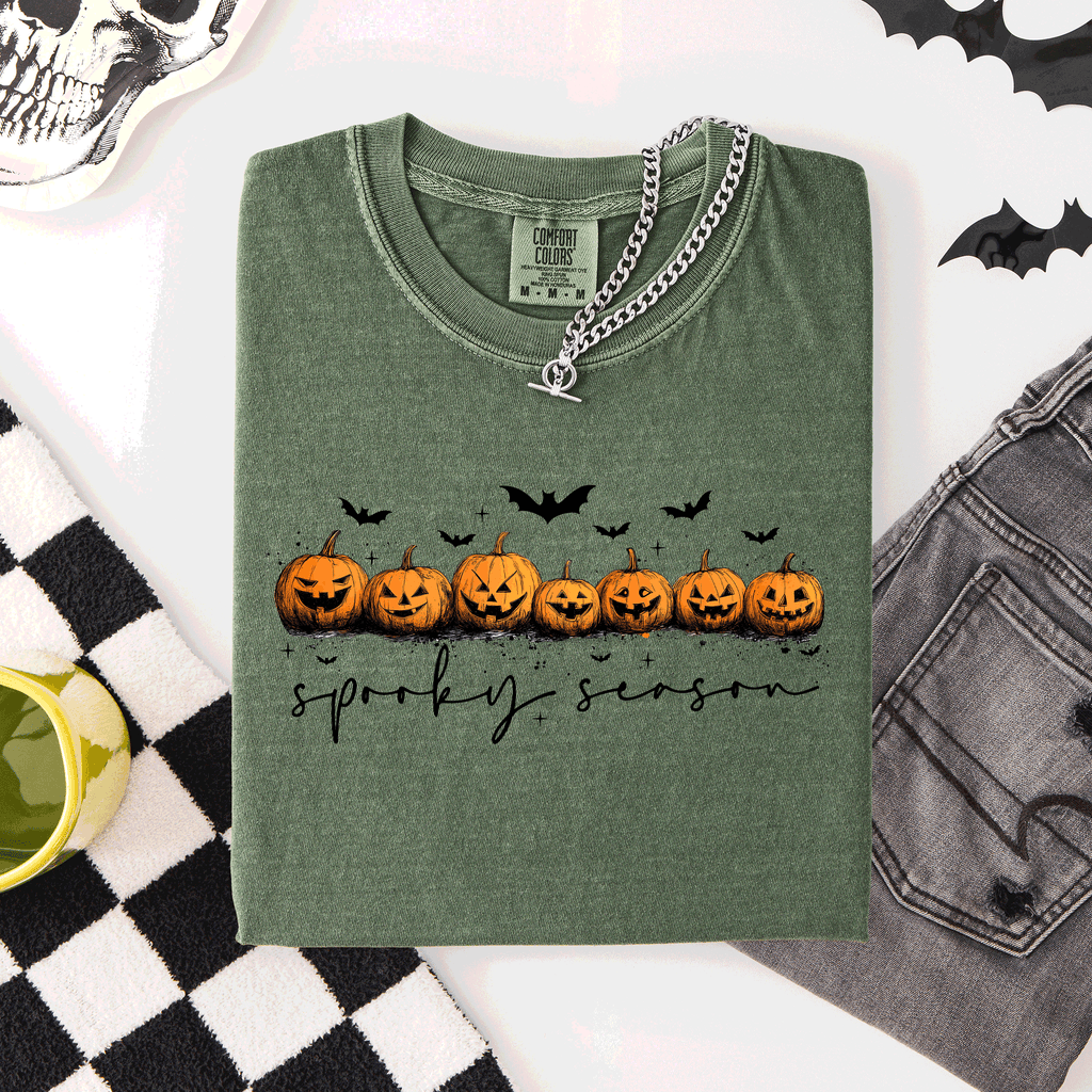 Spooky Season Pumpkins Halloween Pink Skeletons With Bow Adornments Comfort Colors Tee