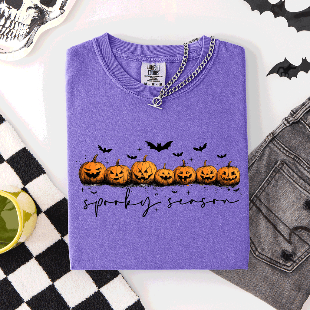 Spooky Season Pumpkins Halloween Pink Skeletons With Bow Adornments Comfort Colors Tee