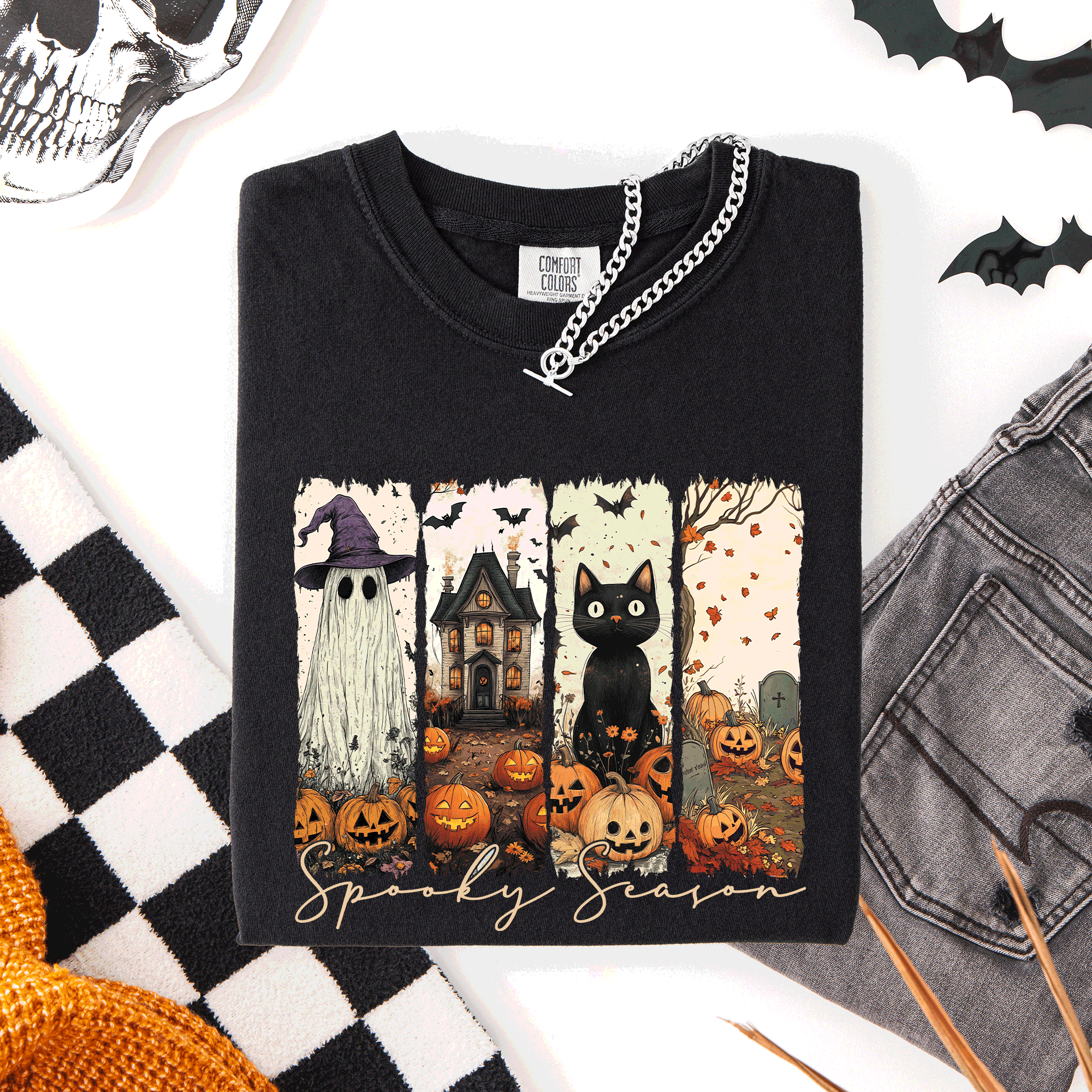 Spooky Season Stripes Halloween Cat Ghost Pumpkins Autumn Fall Comfort Colors Tee