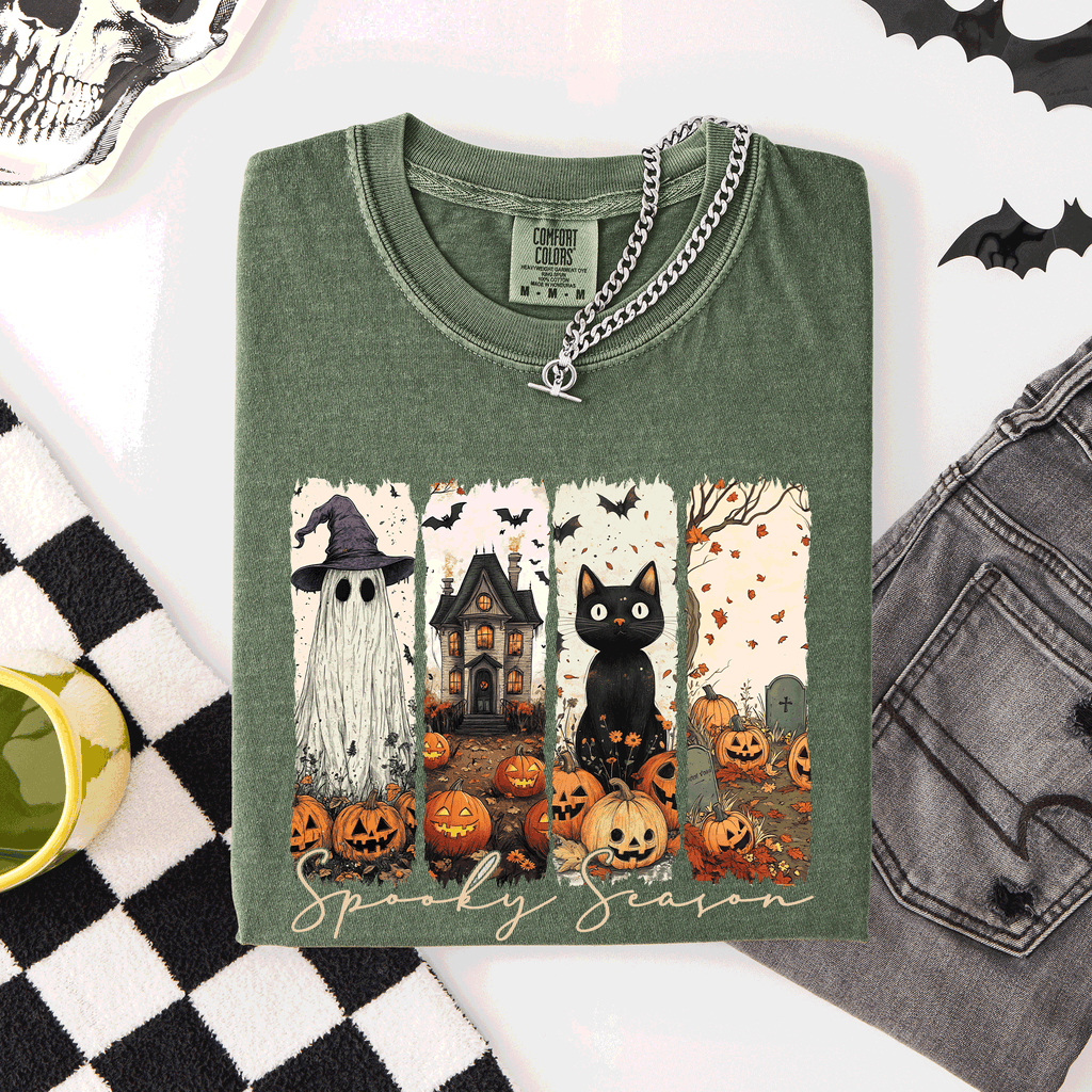 Spooky Season Stripes Halloween Cat Ghost Pumpkins Autumn Fall Comfort Colors Tee