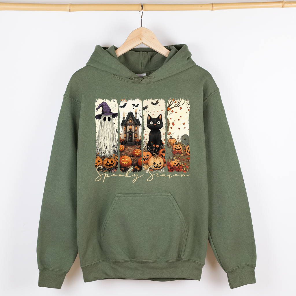 Spooky Season Skeletons And Halloween Cats Ghosts Pumpkins Autumn Graphic Hoodie