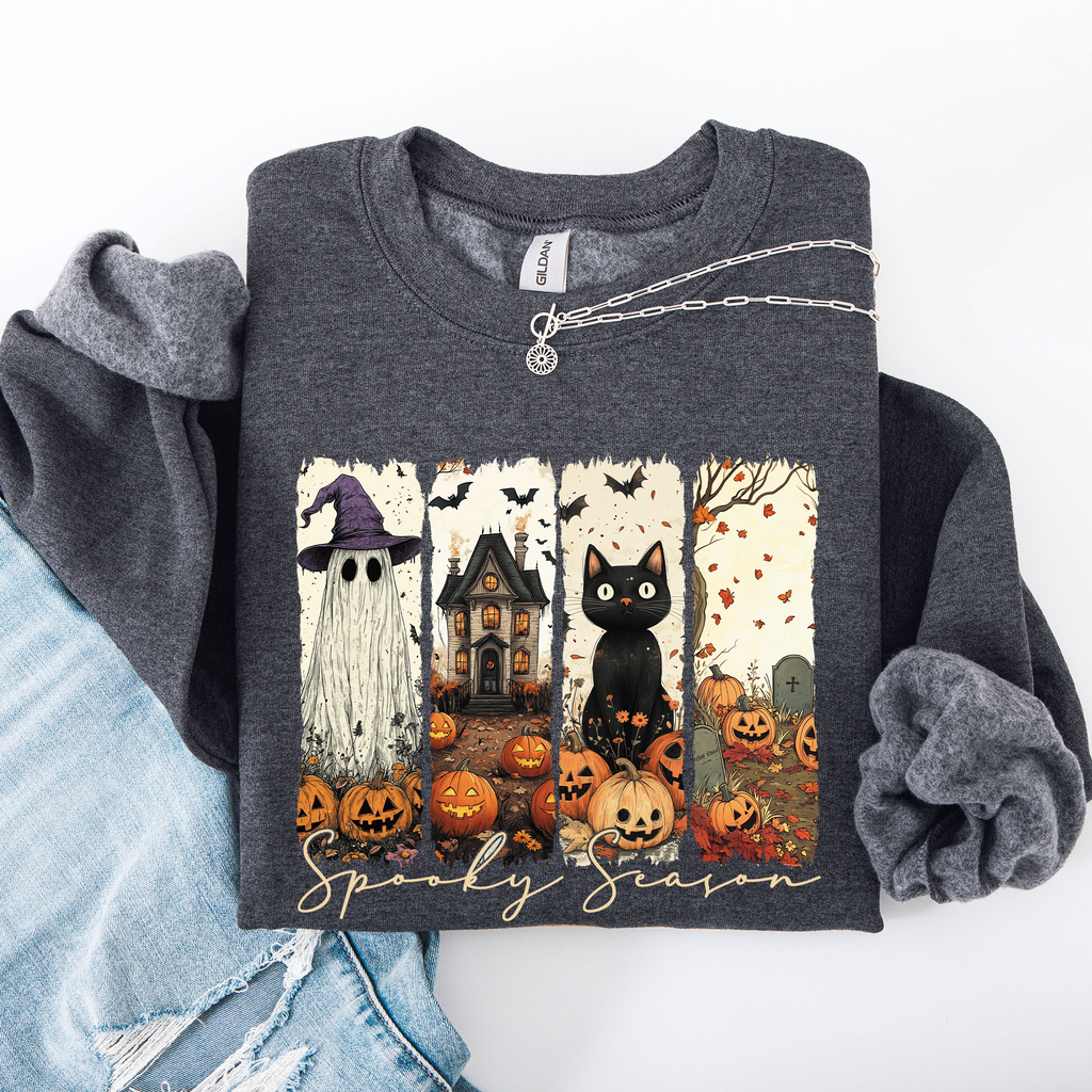 Spooky Season Striped Halloween Cat Ghost Pumpkins Autumn Cozy Classic Sweatshirt